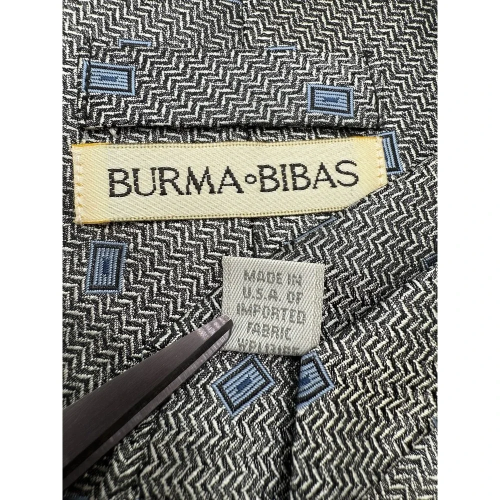 Burma Bibas Silk Tie Gray Blue Geometric Chevron Pattern Classic Length 60